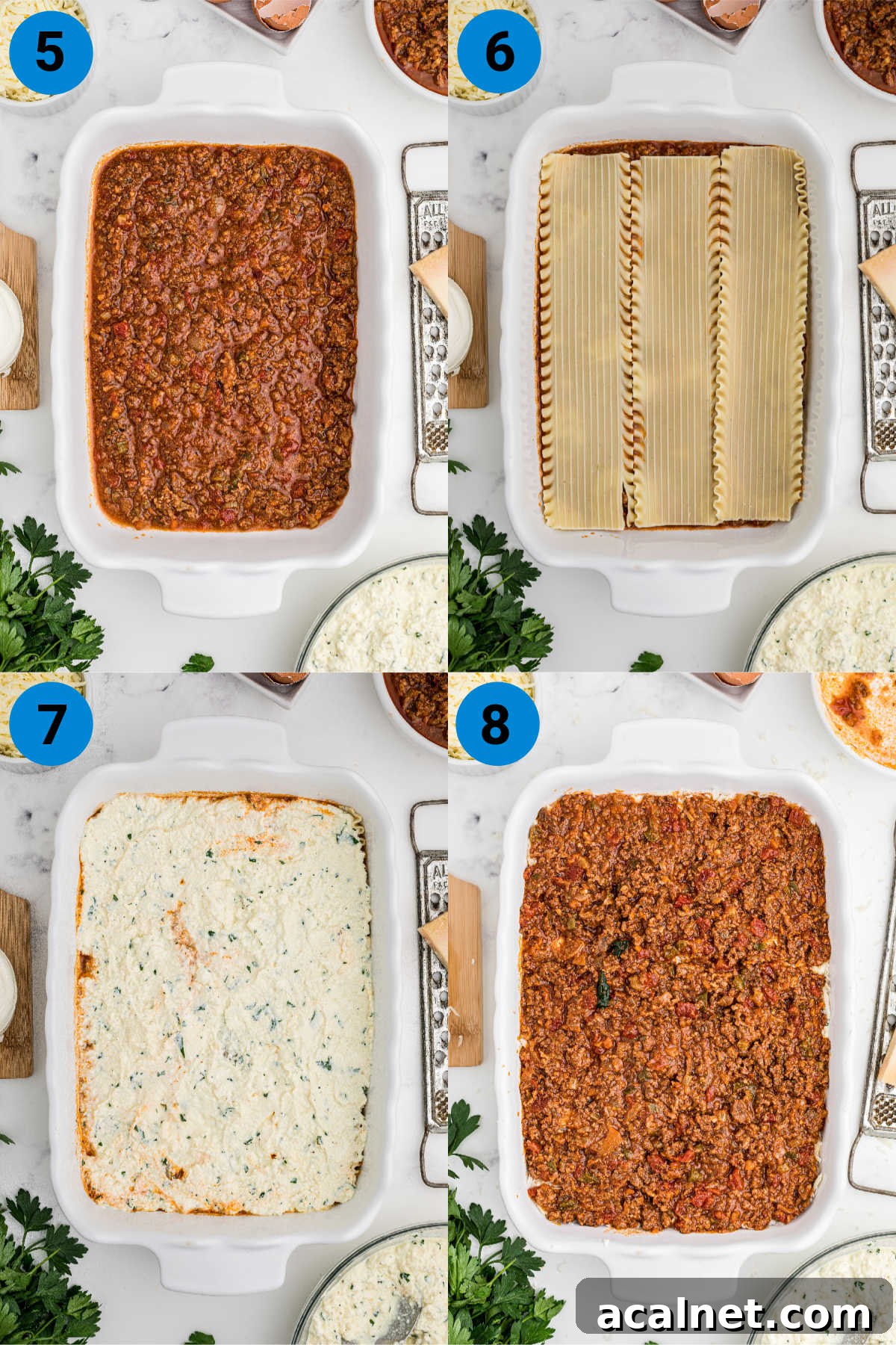 A collage of four images showing how to make venison lasagna, recipe steps 5-8.