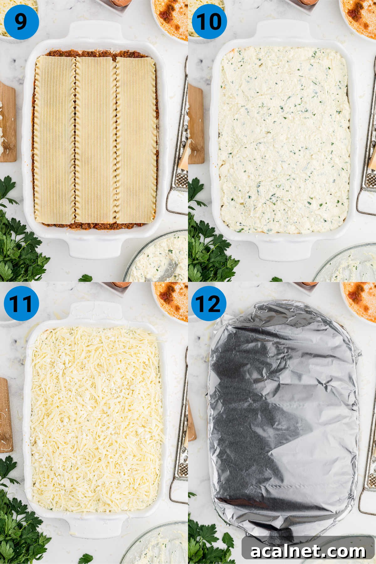 A collage of four images showing how to make venison lasagna, recipe steps 9-12.
