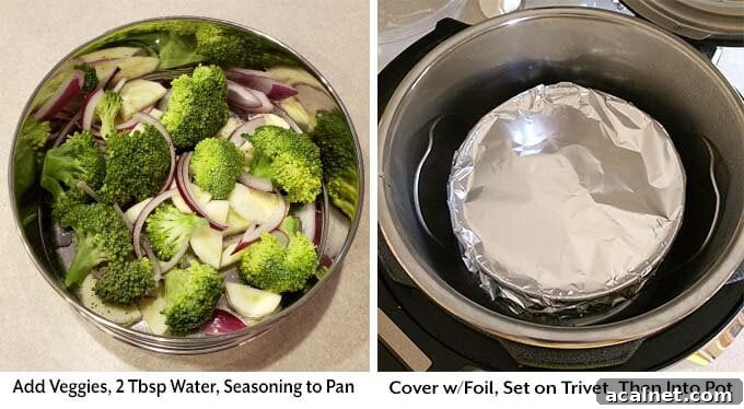two images showing how veggies go in a separate pan under the pan with the salmon