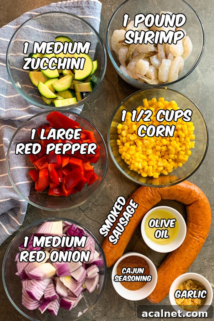 All the ingredients to make cajun foil packets.