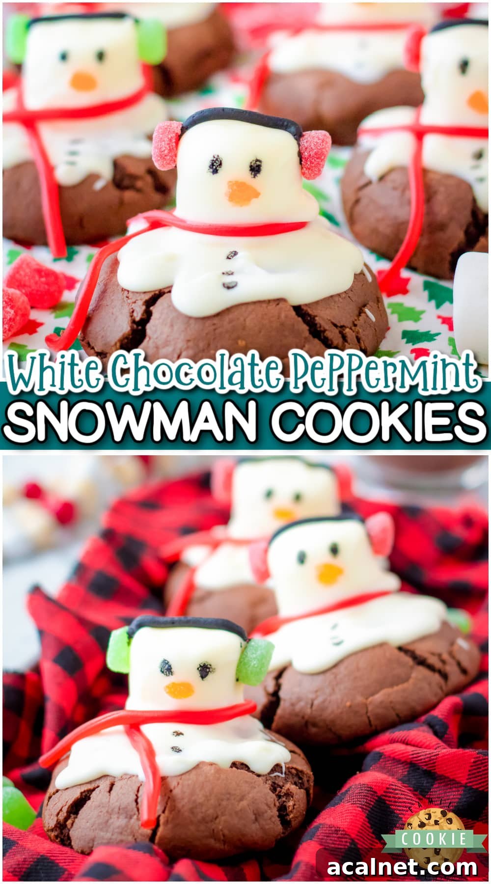 Peppermint snowman cookies are a festive wintery treat! Chocolate cookies stuffed with peppermint patties & decorated with a candy-covered snowman.