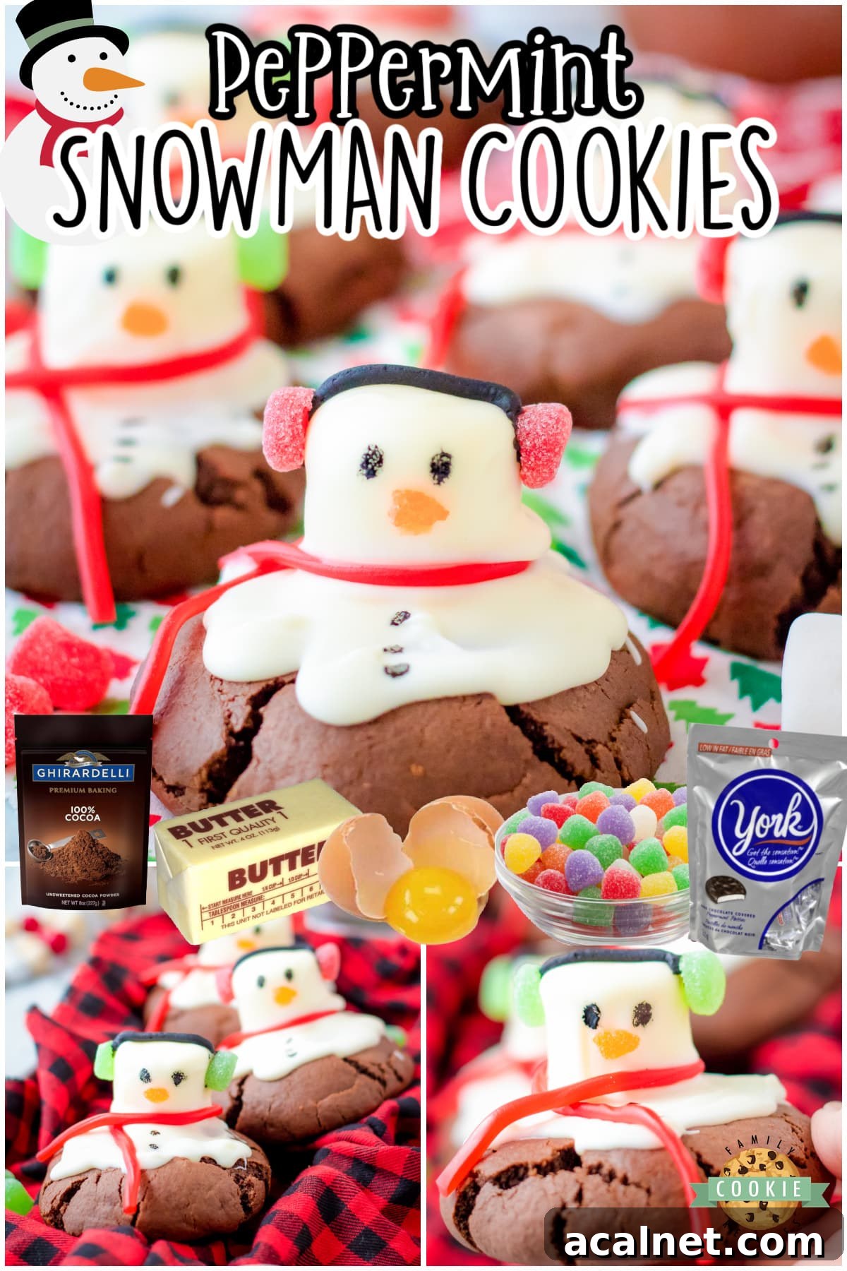 Peppermint snowman cookies are a festive wintery treat! Chocolate cookies stuffed with peppermint patties & decorated with a candy-covered snowman.