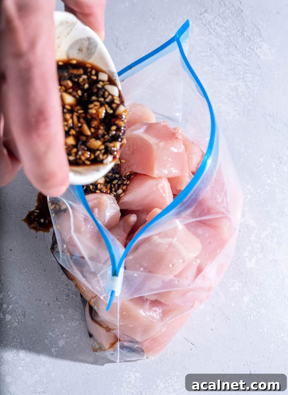 prepping a freezer meal with sauce and raw chicken