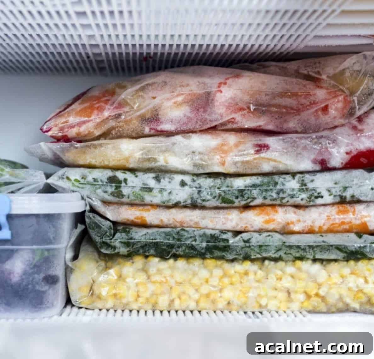 freezer meals stacked in the freezer
