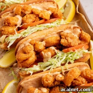 Crispy Shrimp Po' Boy Sandwich Recipe for Classic New Orleans Flavor 16 Four shrimp po boys on a baking sheet after being assembled with lemon wedges on the side.