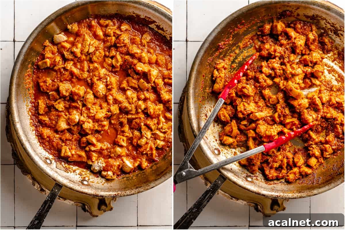 collage of chipotle chicken in pan before and after simmering