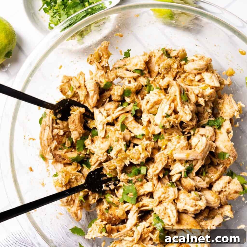 shredded chile chicken in bowl with forks
