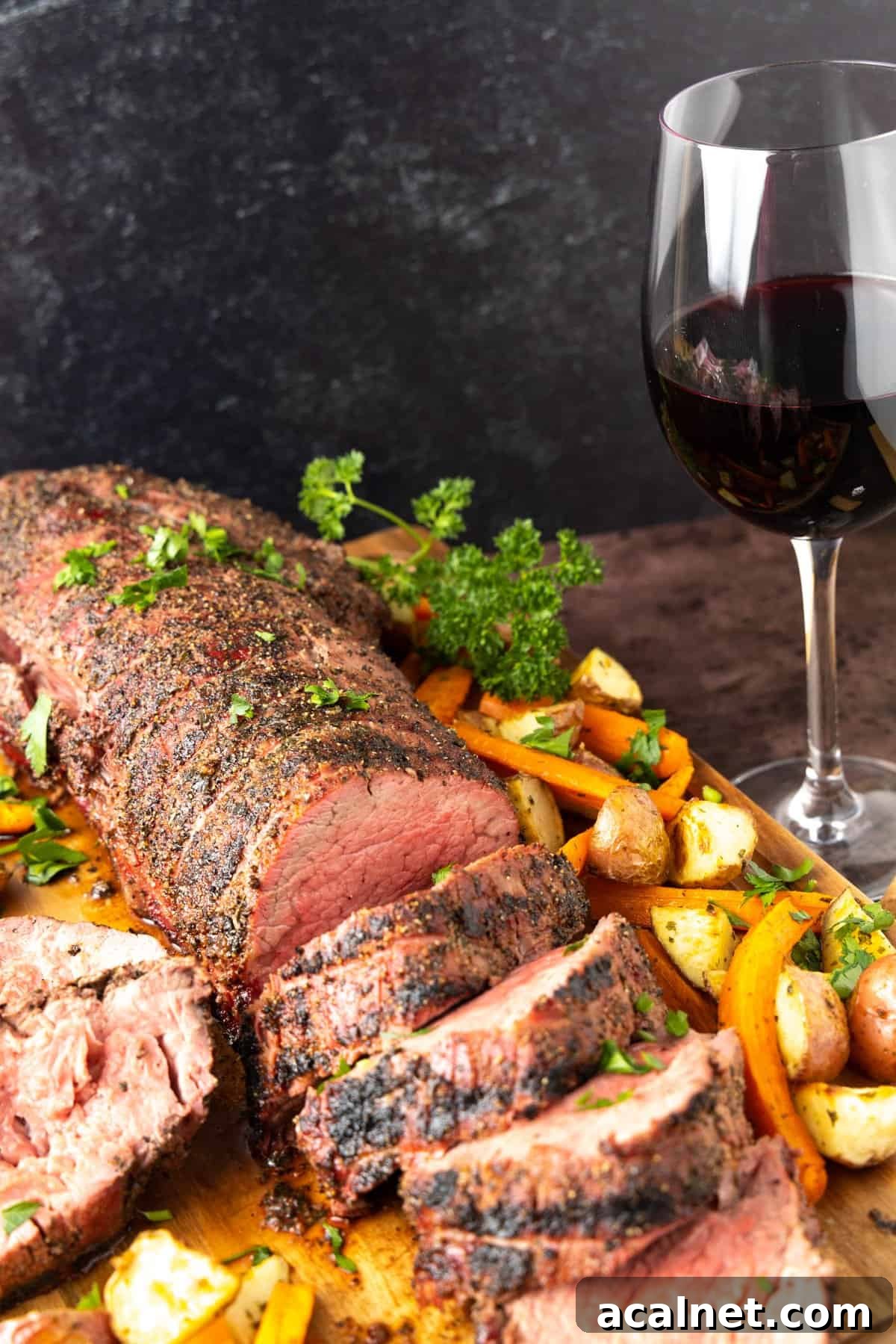 Beef tenderloin on cutting board with garnish and a glass of red wine.