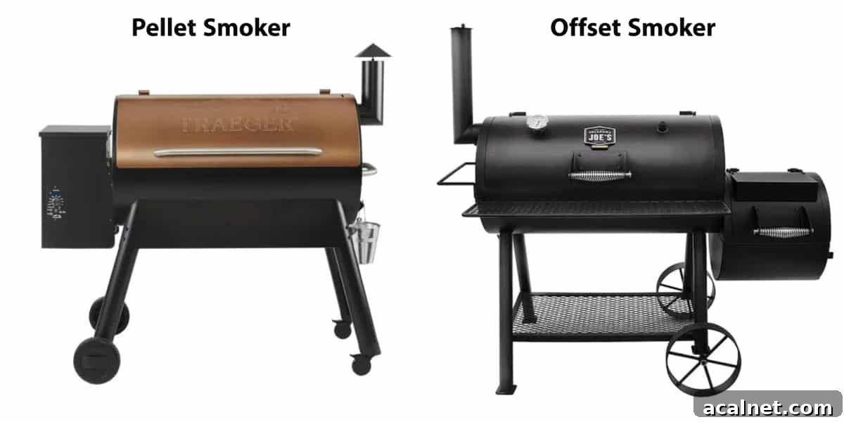 a pellet smoker next to an offset smoker.