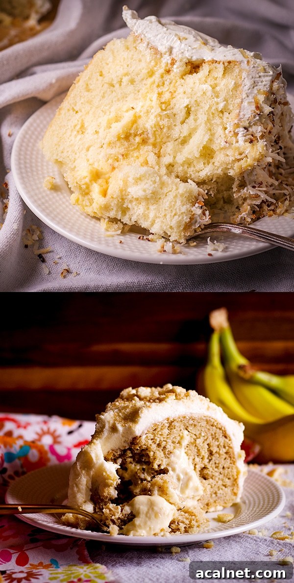 A slice of Coconut Cream Cake and a slice of Banana Cream Cake.