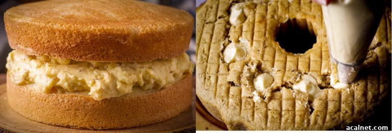 A coconut cream cake filled with coconut pastry cream and a banana cream cake filled with banana pastry cream.