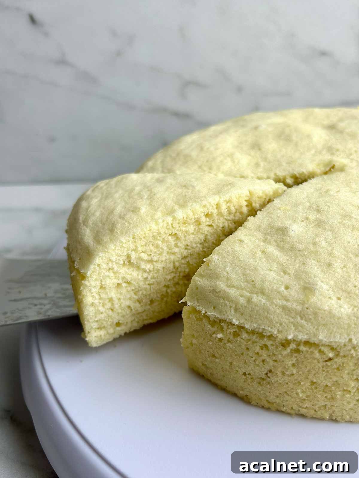 a slice of steamed cake being lifted from cake with a cake spatula.