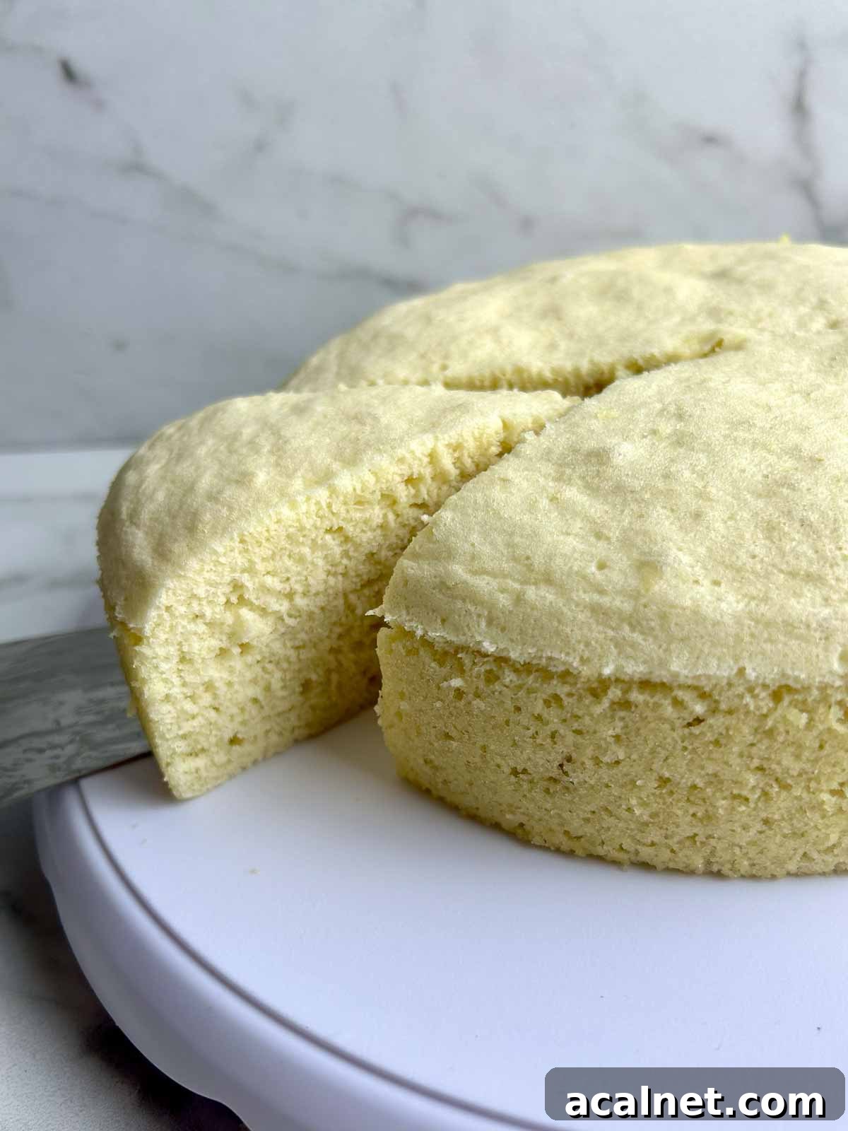 a slice of steamed cake being lifted from cake with a cake spatula.
