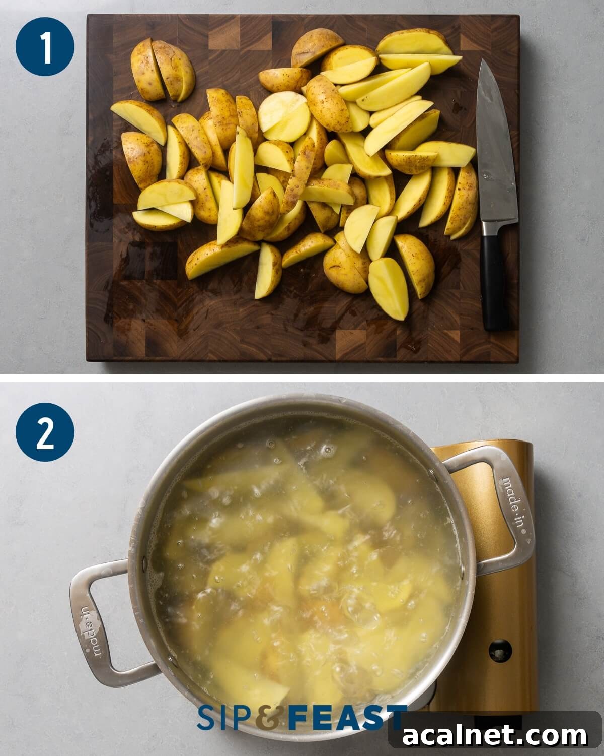 Crispy roasted potatoes recipe process collage group one showing size of cut potatoes and boiling potatoes in pot.