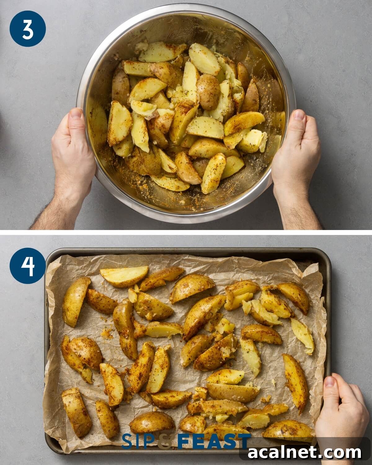 Recipe collage two showing mixing of potatoes in bowl and spreading them out onto a parchment paper lined baking sheet.