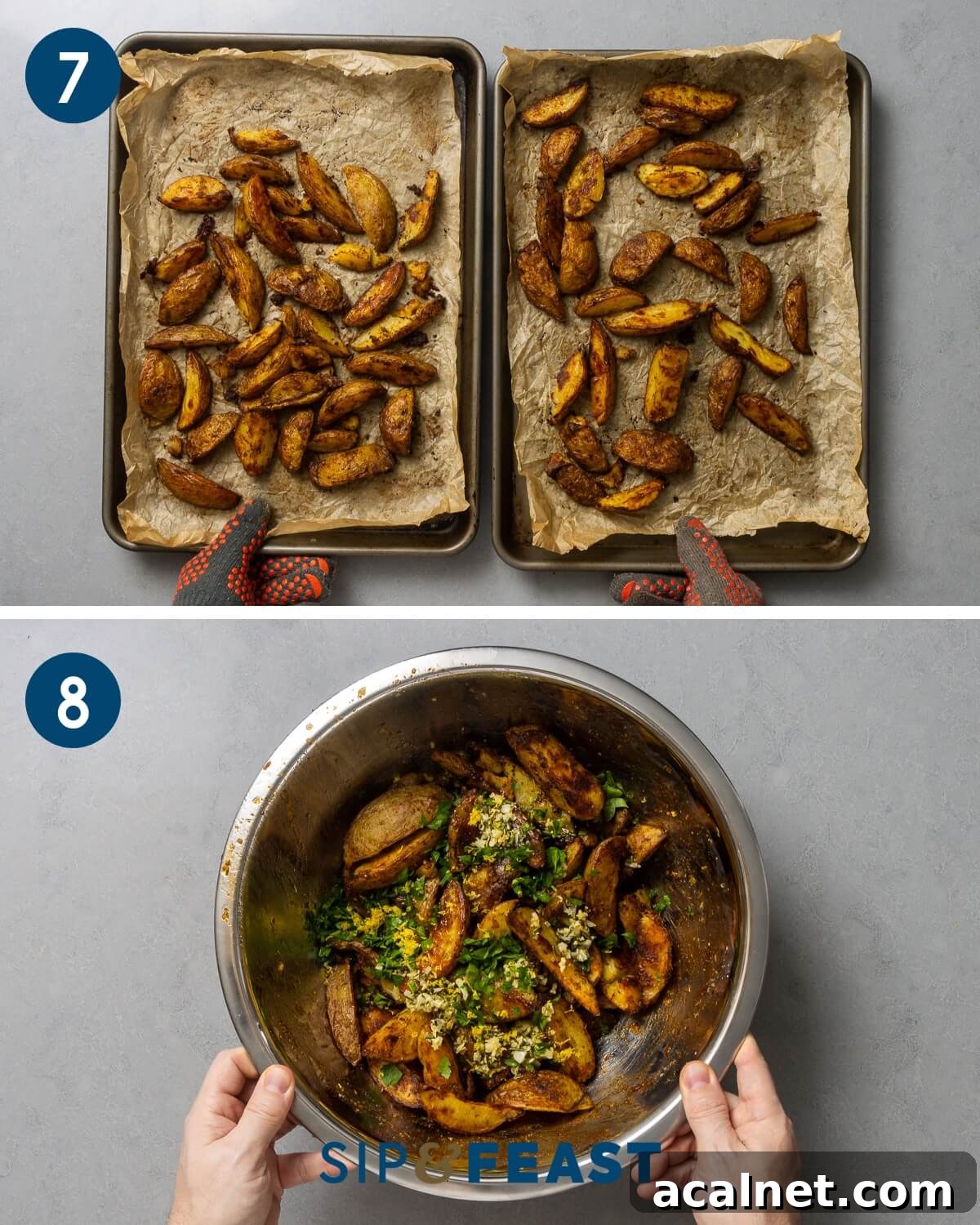 Collage four showing cooked potatoes on baking sheets an tossing them in garlic and herbs.