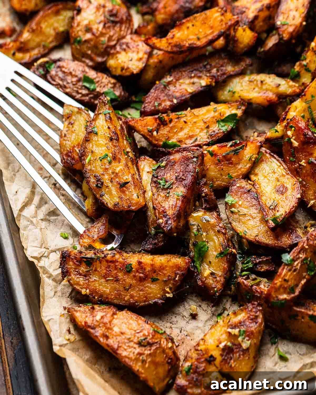 Baking sheet of roasted potatoes with spatula.
