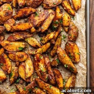 Cripsy roasted potatoes on brown parchment paper for featured image.