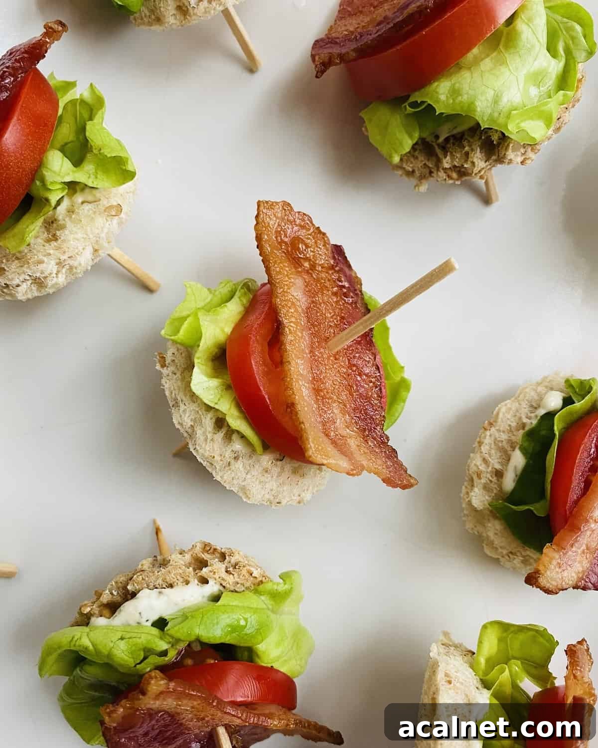 A toothpick with bacon, lettuce and tomato snack.