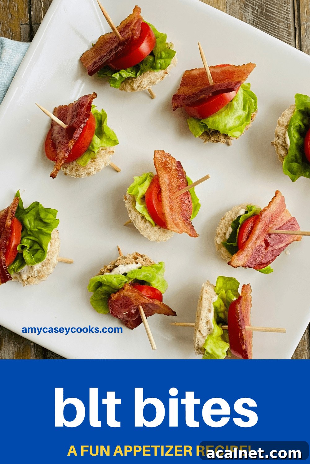 Bacon appetizers on toothpicks on a white platter.