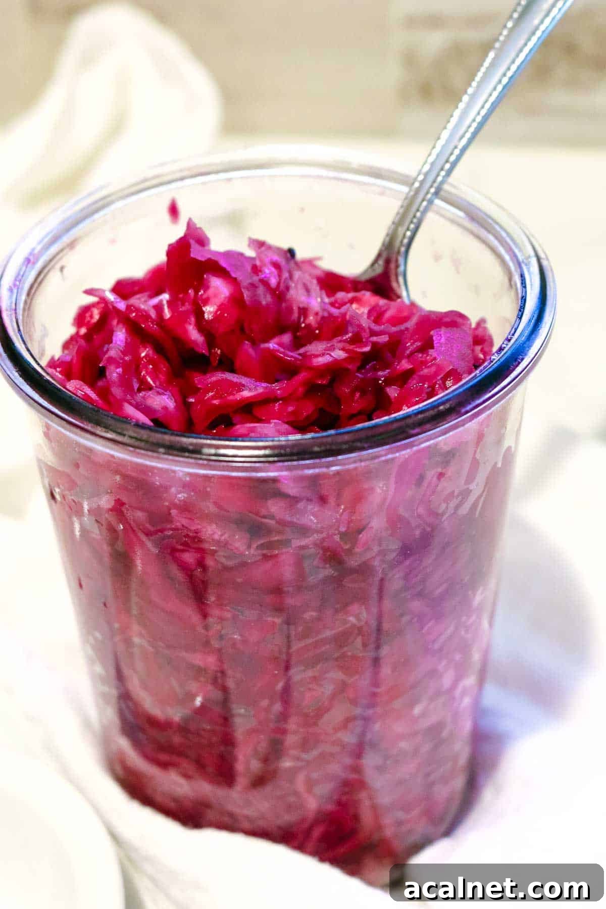red cabbage fermented in a glass jar with a spoon.