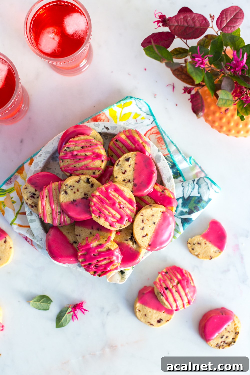 Glazed Hibiscus Shortbread Cookies with tea