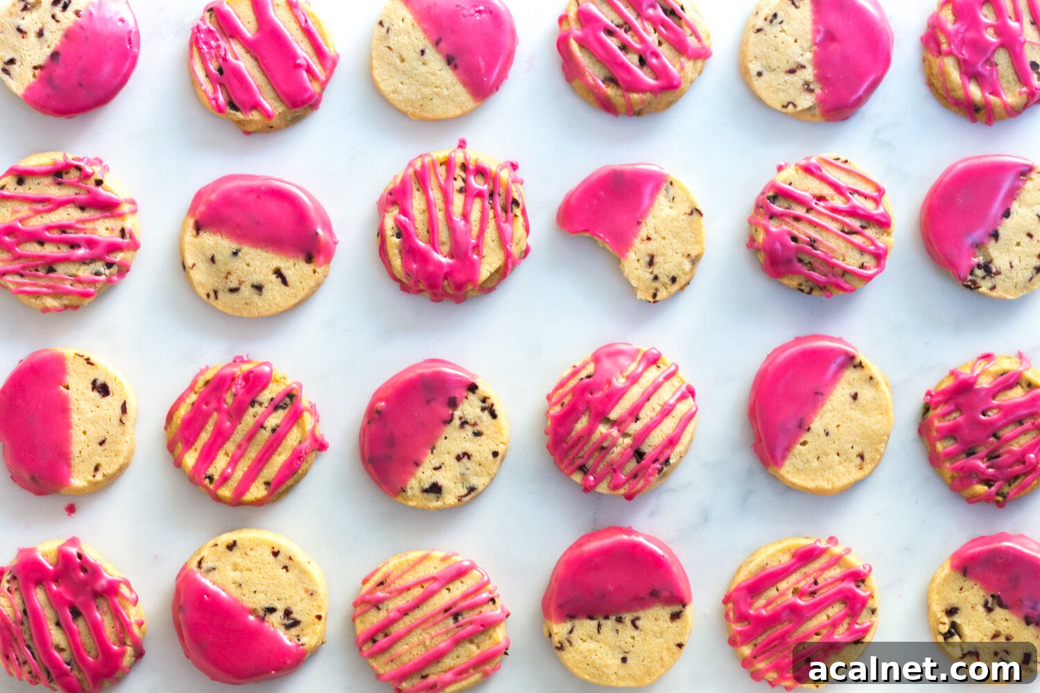 Rows of Glazed Hibiscus Shortbread Cookies
