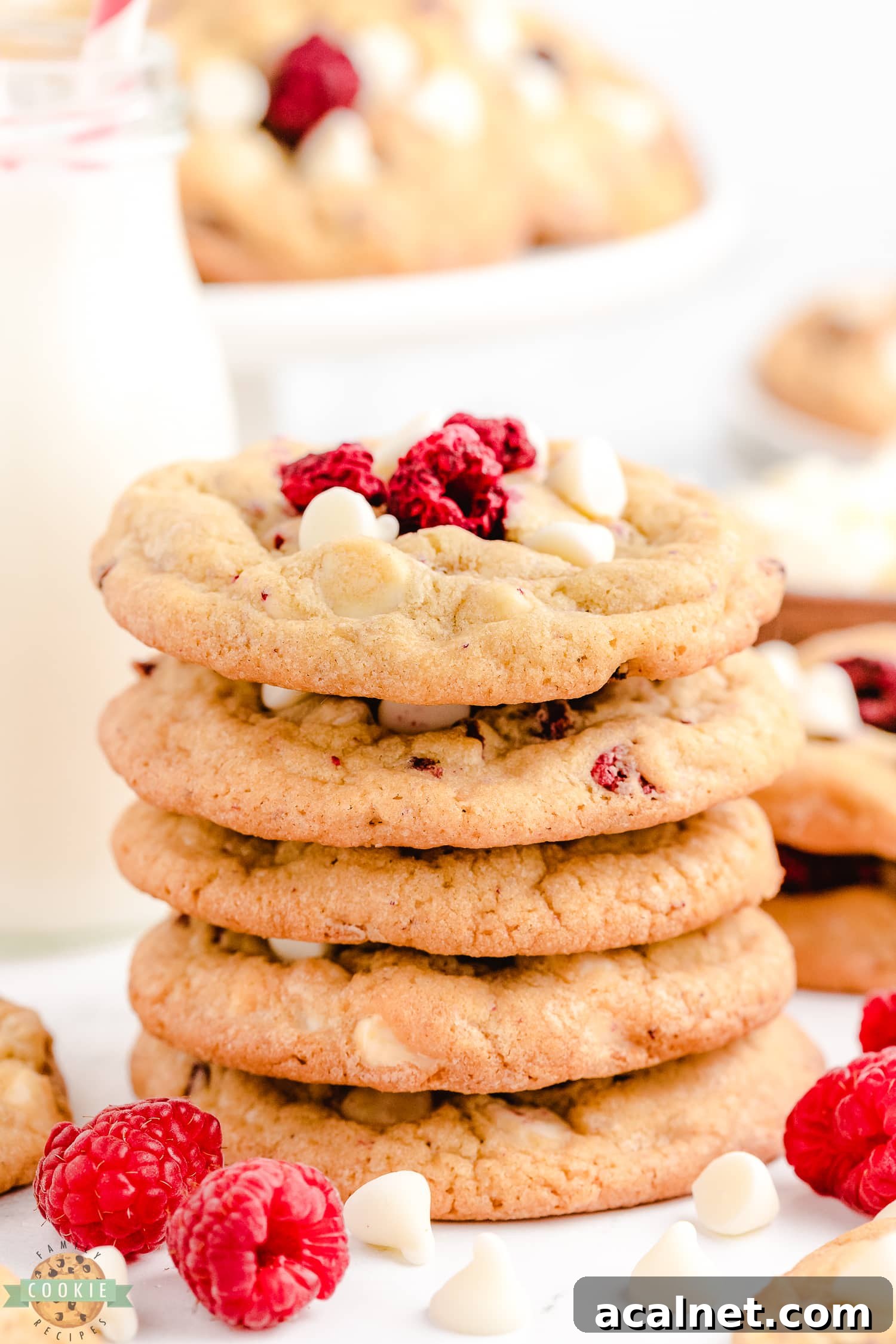 stack of raspberry white chocolate cookies