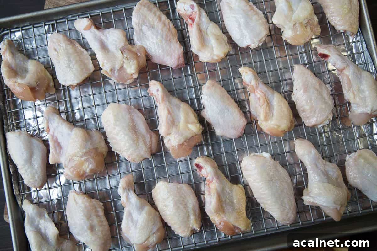 raw chicken wings on a wire rack.