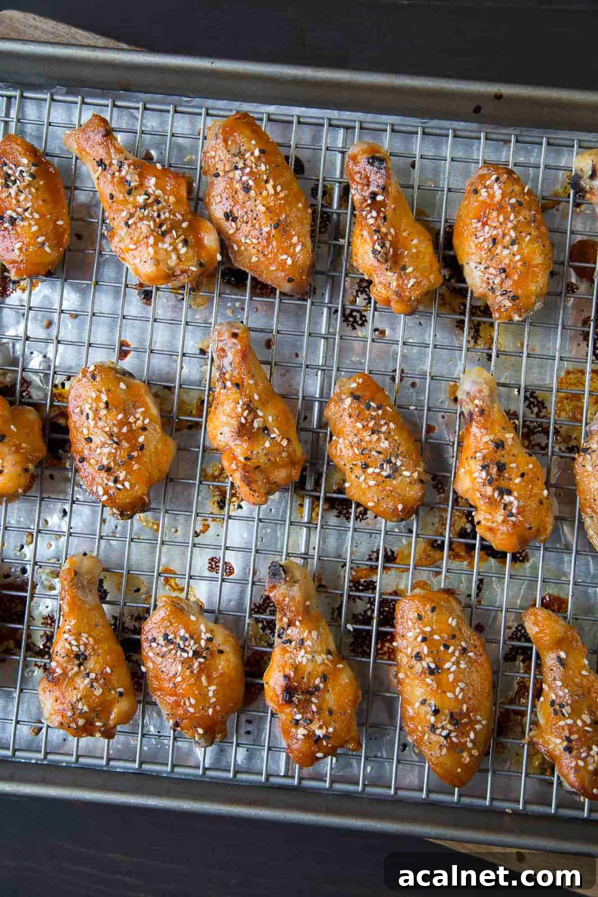 baked chicken wings on a wire rack.