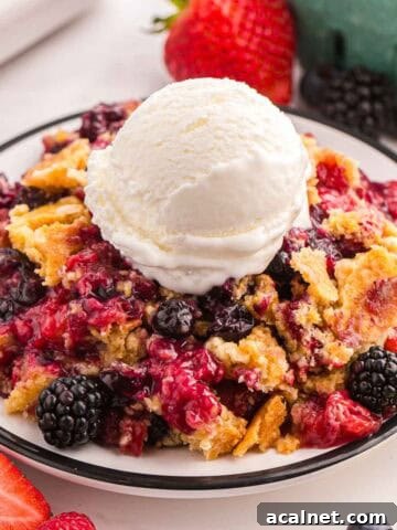 Berry cobbler with cake mix topped with vanilla ice cream on a plate with fresh berries nearby.