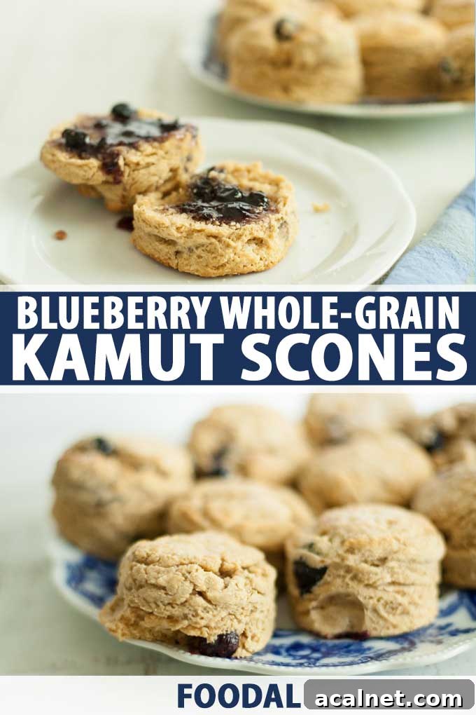 A collage of photos showing different views of a Blueberry Whole-Grain Kamut Scone recipe.