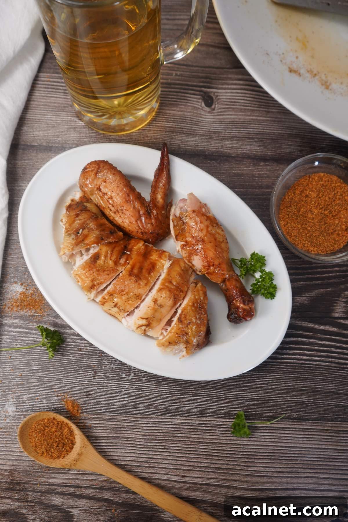 Smoked chicken on white plate
