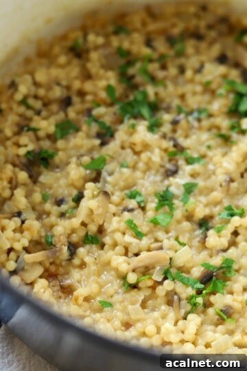 Creamy couscous in pot topped with parsley.