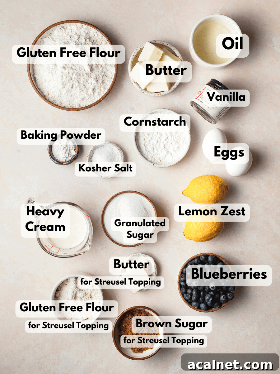 a collage of ingredients needed to make gluten free blueberry bread, gluten free blueberry lemon bread