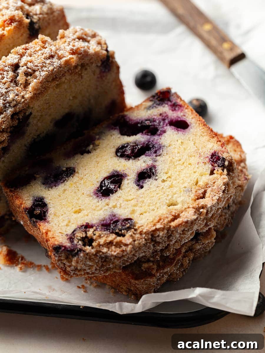 sliced gluten free blueberry bread topped with brown sugar streusel 