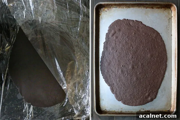 chocolate cookie base before and after baking
