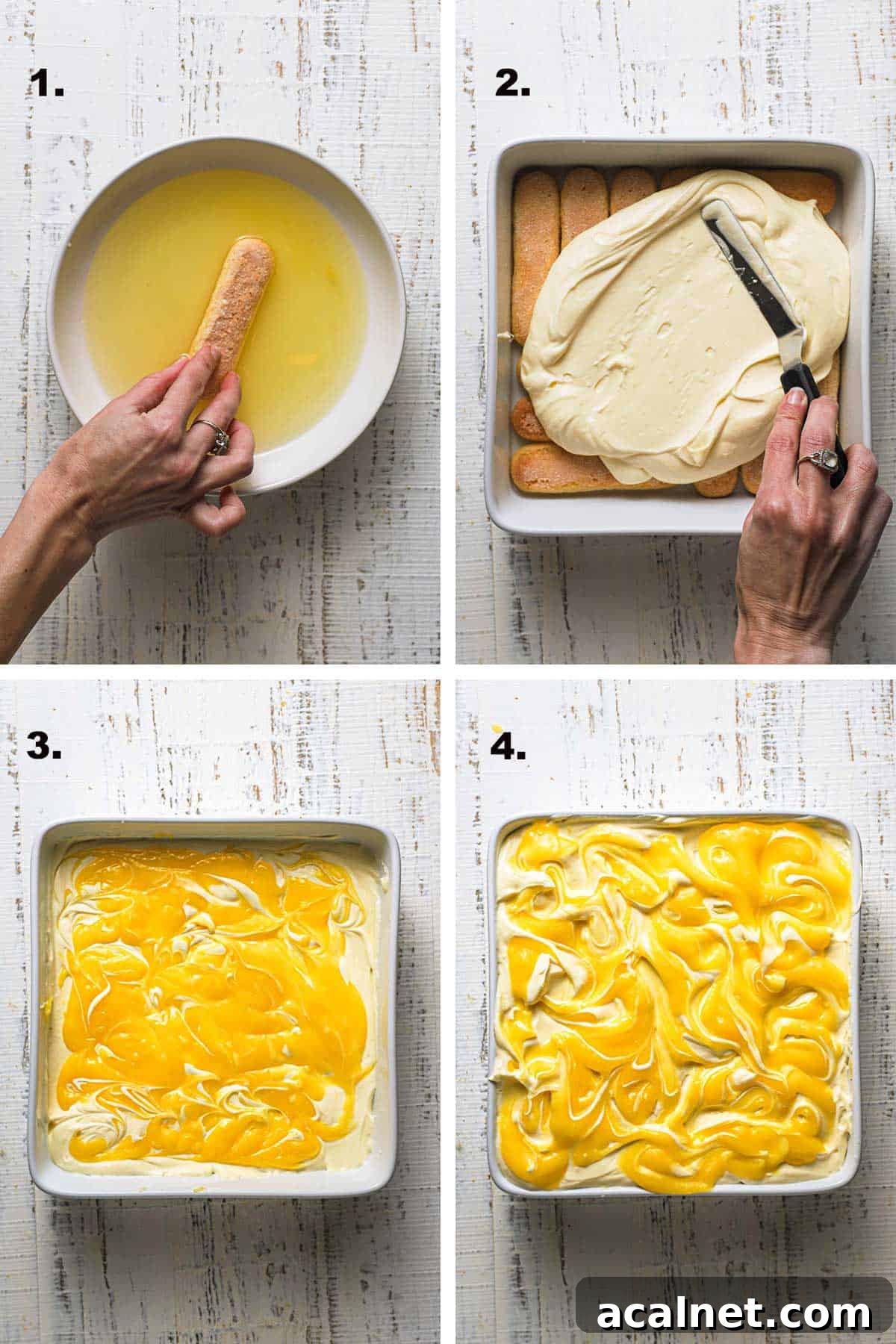 Limoncello Tiramisu Recipe: A Refreshing Citrus Twist on Tiramisu 6 four steps assembling lemon tiramisu, dipping cookies in liquor, spreading cream, adding lemon curd, final look.