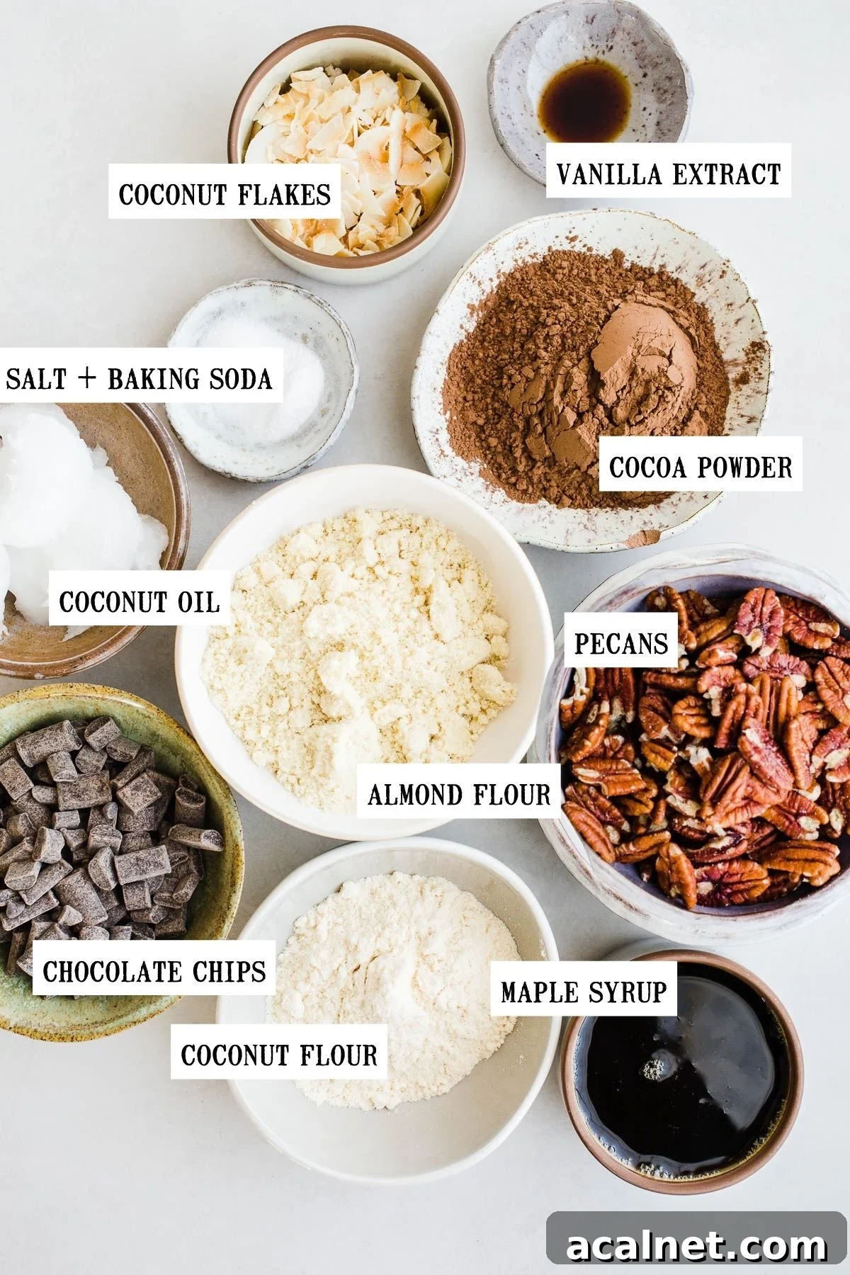 Ingredients to make coconut brownies in small bowls.