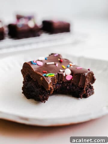 A cosmic brownie with fudge ganache and sprinkles on a white plate.