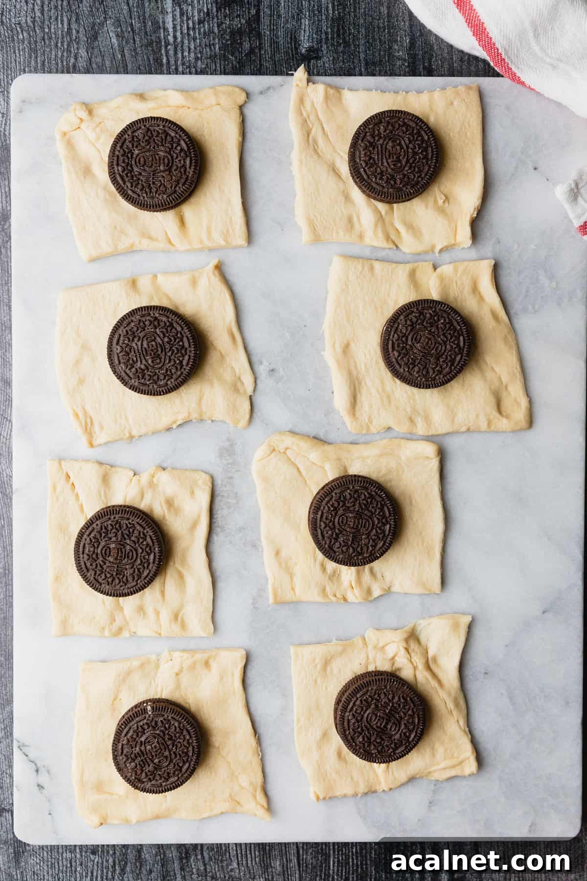 Air Fryer Oreo Bites — 3-Ingredient Dessert Recipe 5 Oreos on pieces of crescent dough.
