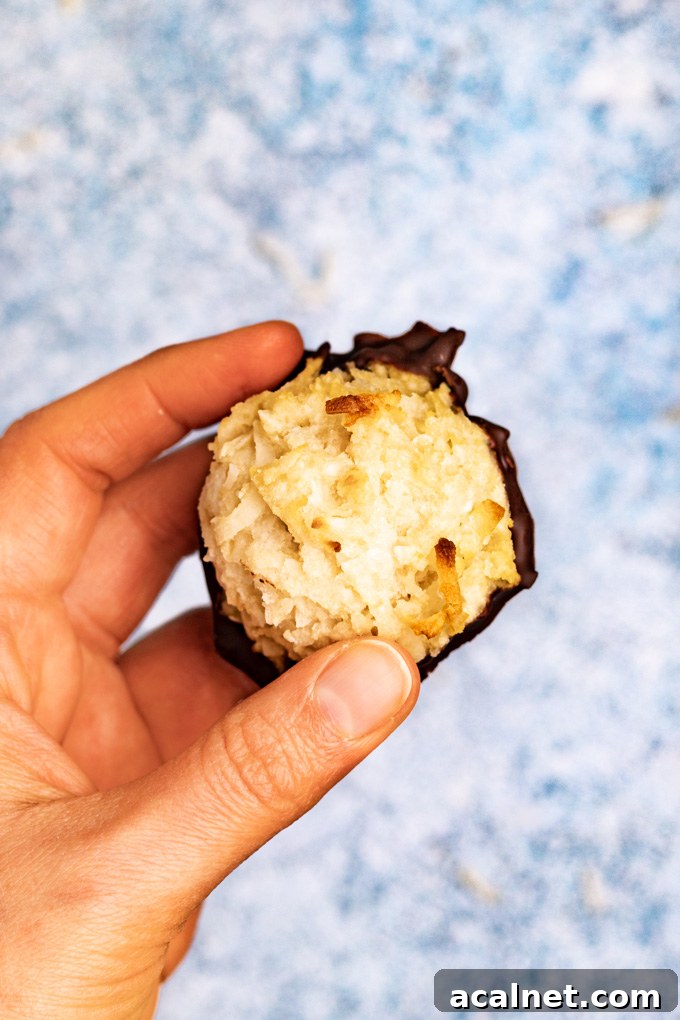 A close up of a hand holding a coconut macaroon with a light blue background.
