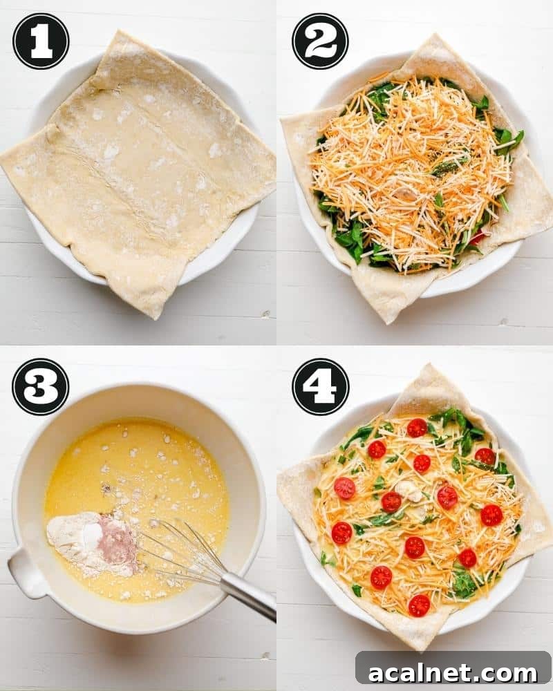 Vegan Just Egg Quiche Recipe: Flaky Crust & Creamy Filling 3 4 images showing the process of preparing and assembling a JUST Egg Quiche.