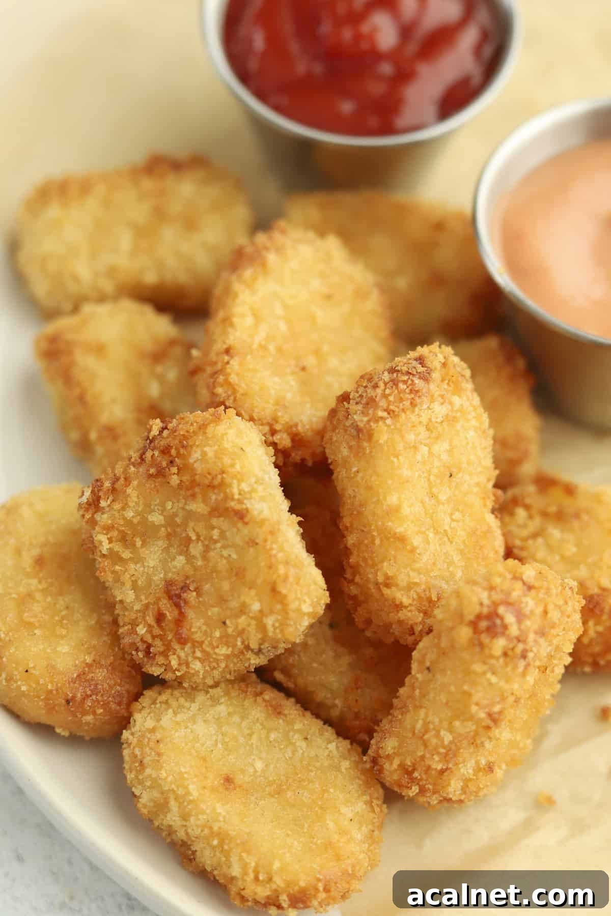 Crispy Air Fryer Potato Nuggets Recipe 8 air fryer potato nuggets side view with ketchup