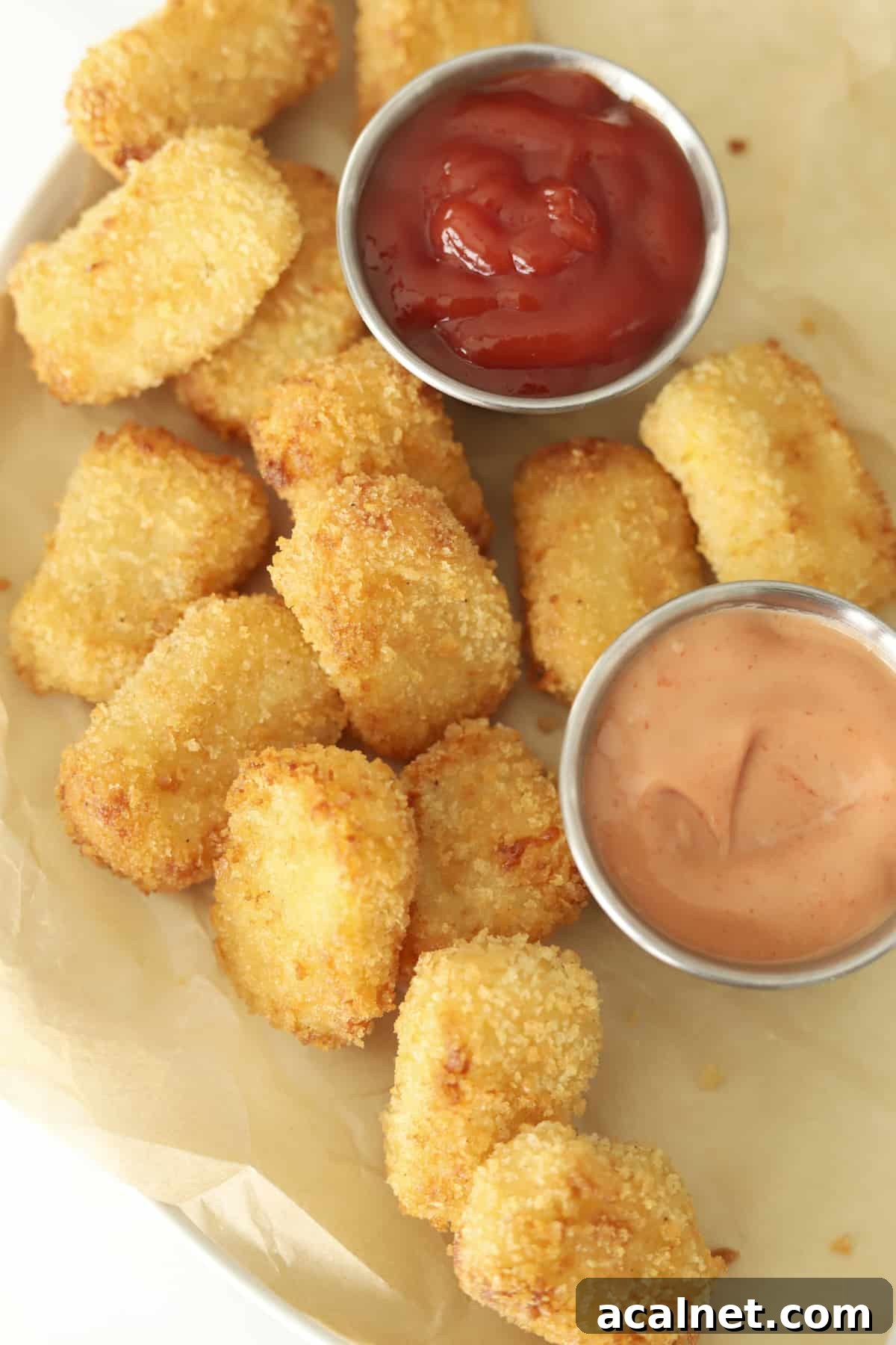 Crispy Air Fryer Potato Nuggets Recipe 9 overhead of crispy air fryer nuggets with ketchup