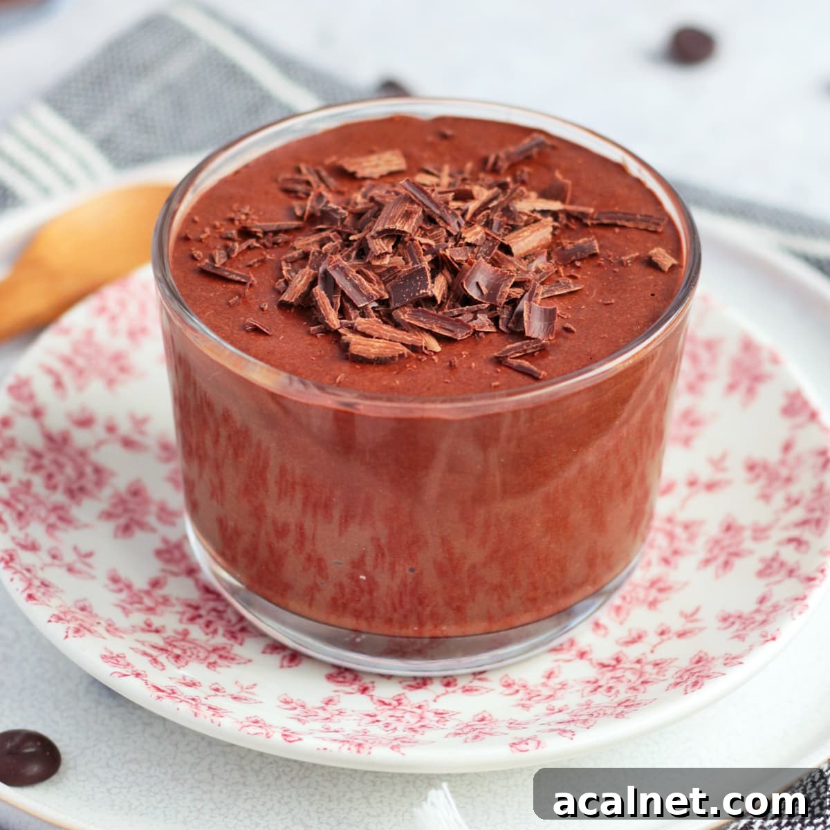 Close up on the chocolate mousse with chocolate shavings