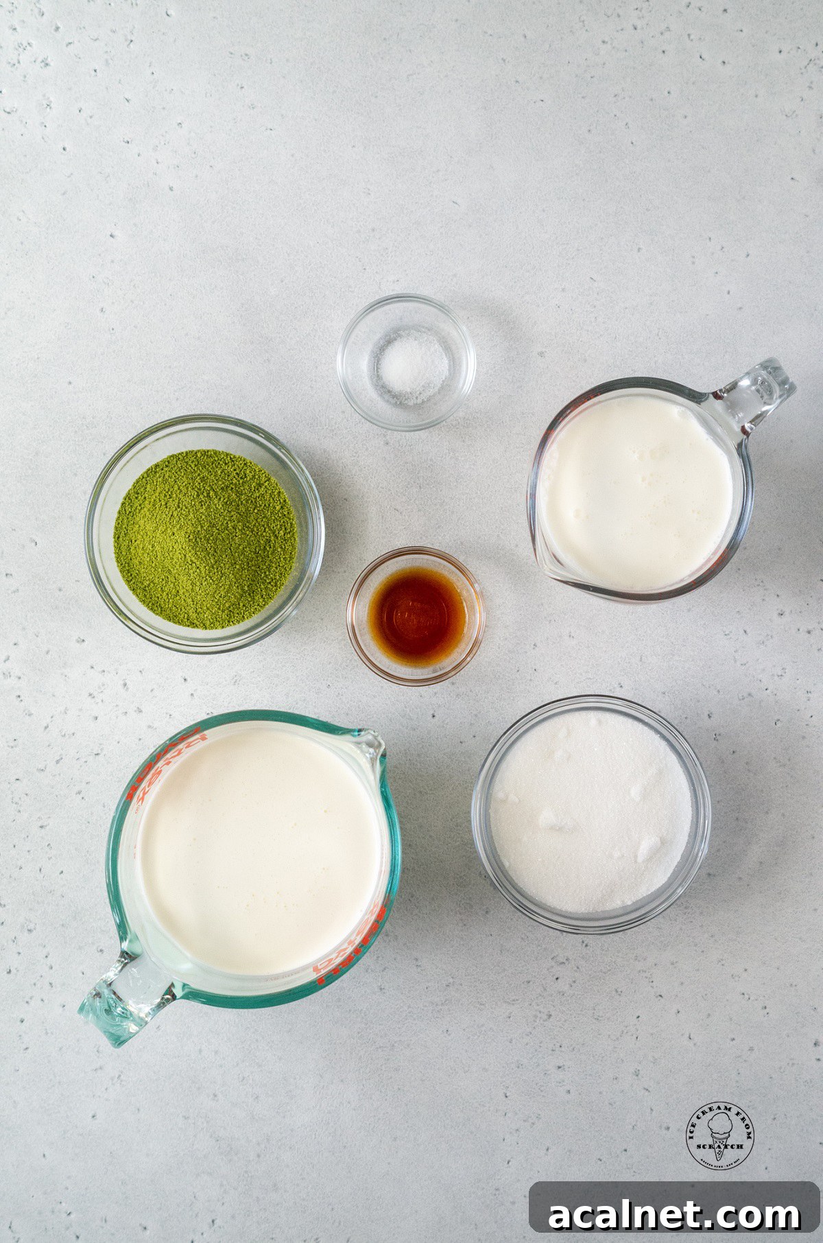 The ingredients needed for making homemade matcha ice cream.
