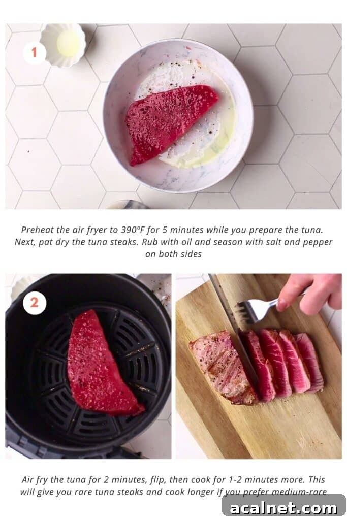 Tuna steaks are seasoned with salt and pepper and rubbed with oil. They are air-fried for 2 minutes on one side, flipped, and cooked for an additional 1-2 minutes to achieve rare doneness. The edges will be grey and not pink.