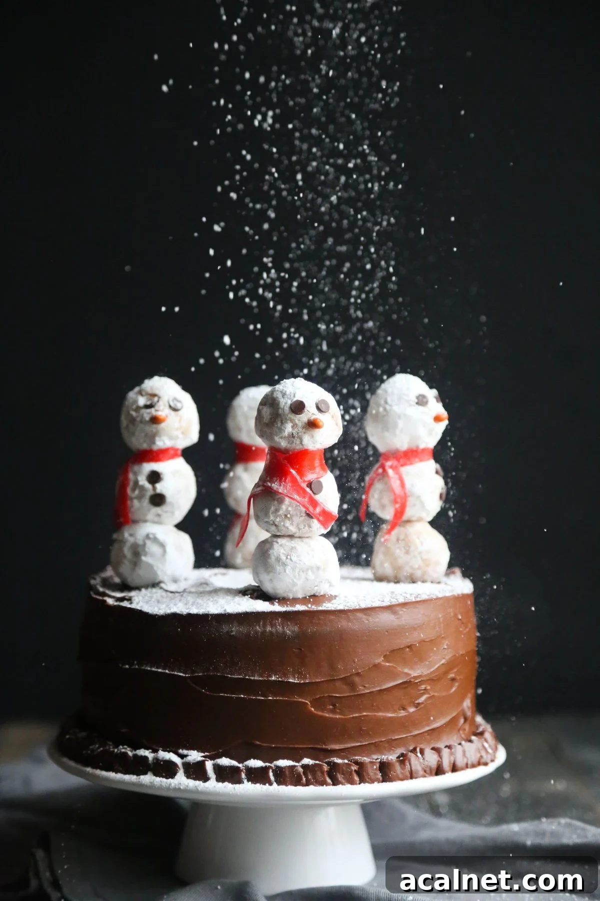 This easy snowman cake tutorial turns a chocolate layer cake into a winter wonderland, topped with adorable snowmen made from mini donuts! Side view of a snowman cake being dusted with powdered sugar from above.