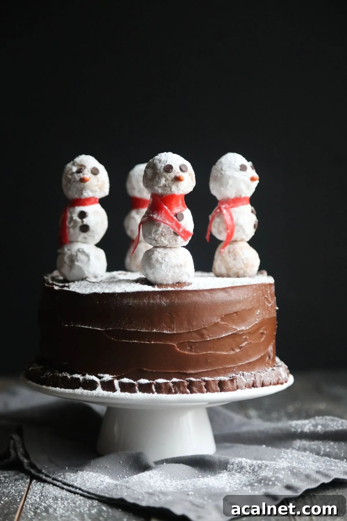 This easy snowman cake tutorial turns a chocolate layer cake into a winter wonderland, topped with adorable snowmen made from mini donuts! Side view of a snowman cake against a dark background.